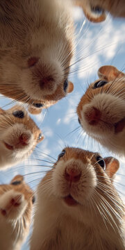 Close-up of ten gerbils huddled together, eyes and whiskers prominent, on a light phone wallpaper resembling clouds or sky Soft, diffused lighting suggests an indoor setting Candid ph - AI-Generated
