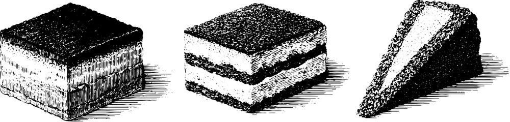 Vintage engraving of tiramisu desserts trio - perfect for culinary art and design