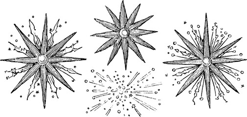 Fototapeta na wymiar Vintage starburst illustration set with three unique designs for retro decor and crafting