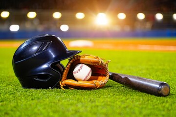 Baseball bat, glove, helmet and ball on grass at stadium. Banner design with space for text.