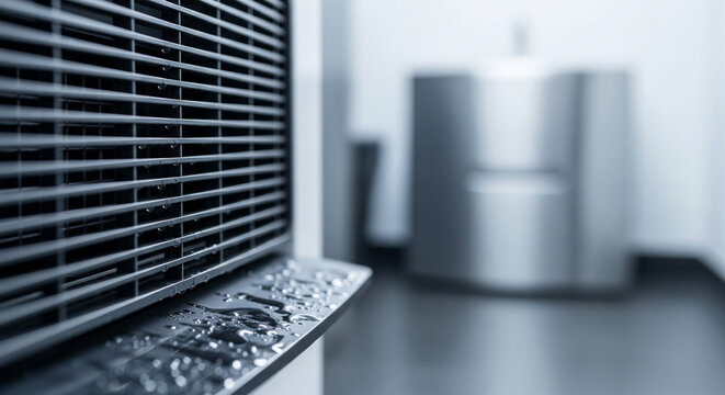 Smart dehumidifier shows water level rising in collection tray in indoor space with modern design