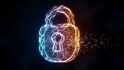 Cybersecurity Glowing particle lock symbol dissolving into light particles on a dark background
