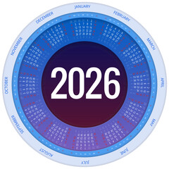 Circular Calendar planner for 2026. 2026 calendar design, set of 12 months. Elegant yearly planner layout for business, corporate documents, reports and modern scheduling systems.