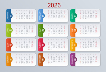 Calendar planner for 2026. 2026 calendar design, set of 12 months. Elegant yearly planner layout for business, corporate documents, reports and modern scheduling systems.