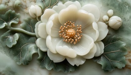 Elaborate carving features a lush white blossom surrounded by detailed green foliage etched into variegated stone