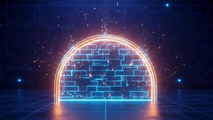 Futuristic digital shield made of glowing bricks protecting against cyber threats cybersecurity