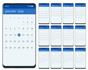 Calendar planner for 2026. 2026 calendar design, set of 12 months. Elegant yearly planner layout for business, corporate documents, reports and modern scheduling systems.