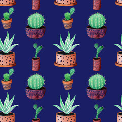 Seamless aqua pattern. Image of various cacti on a blue background for coloring fabrics, wallpaper, wrapping paper and much more.
