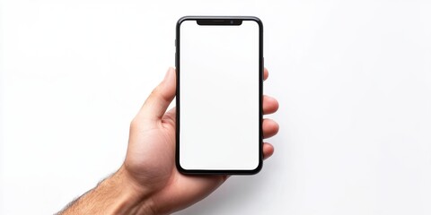 The image shows a hand holding a smartphone against a white background. The phone is depicted in a realistic manner with high resolution and clarity. The person's arm is visible up to the elbow
