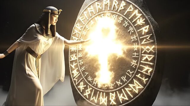 Mystical Ritual - Ancient Priestess Conjuring Energy with Ankh and Runes.