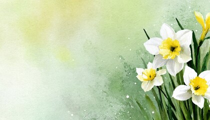 Watercolor painting displays bright white and yellow spring blossoms against a soft green backdrop