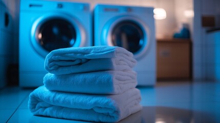 This image captures a common scene from a laundromat. A stack of neatly folded towels is situated next to two standard white washing machines.