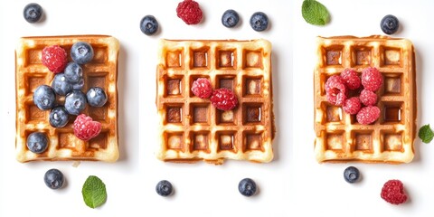 This image captures a delightful culinary scene featuring three Belgian-style waffles. Each waffle is generously topped with vibrant red raspberries and rich blueberries