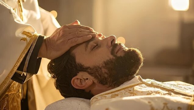 Religious Blessing Ceremony with Priest Laying Hands on Man's Forehead in Church, Slow Motion
