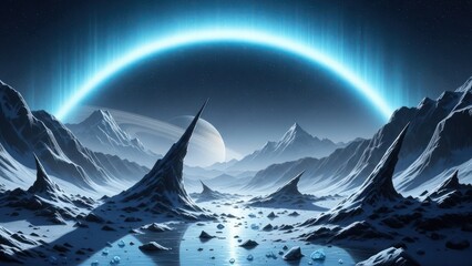 Fantasy landscape featuring mountains and celestial halo