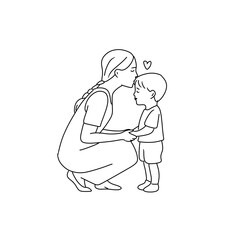 Minimalist line art of a mother kissing her son's forehead, expressing love and motherhood.
