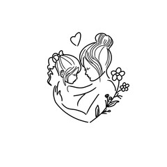 Hand Drawn Sketch of Mom and Little Girl Bonding