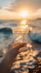 Hand holding a cocktail or glass of water on the beach