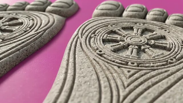 Intricate Stone Footprints with Wheel Symbols on a Vibrant Pink Background.