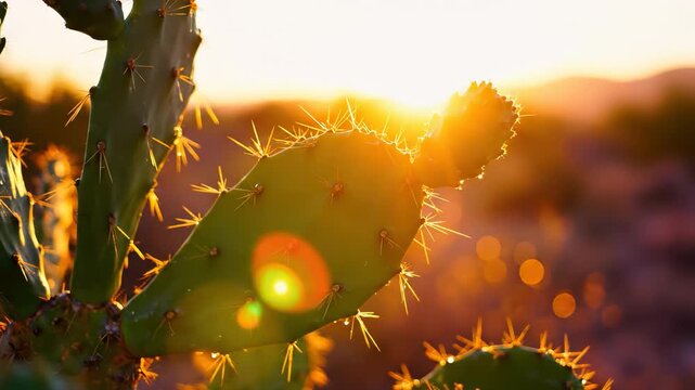 A vibrant cactus stands against a glowing sunset, highlighting its sharp needles and green pads. The cactus captures the essence of resilience and beauty within the desert landscape.