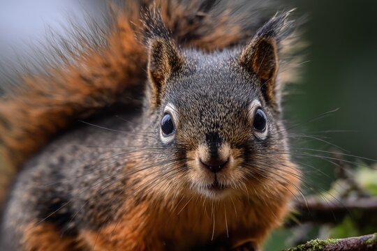 Closeup of Douglas Squirrel with Prominent Ear Tufts and Bushy Tail, Captivating Stare with Copy Space for Text
