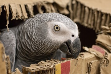 Obraz premium African Grey Parrot Joyfully Chewing Cardboard Box, Engaging in Nest-Making Fun