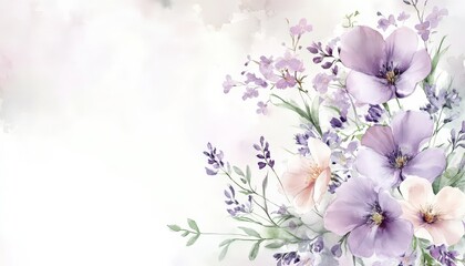 Delicate watercolor floral arrangement features soft lavender and pale pink blossoms against a bright background