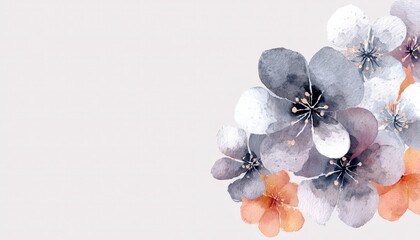 Delicate watercolor floral arrangement featuring muted tones clustered in the corner against a light background