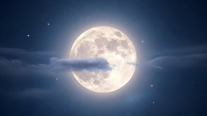Stunning Full Moon in Starry Night Sky with Wispy Clouds - Ethereal Lunar Photography for Celestial Backgrounds and Wall Art