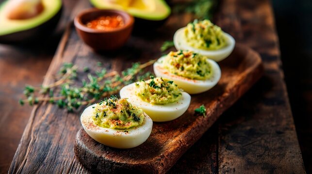 Deviled eggs with avocado paste and spices, served on a wooden board with herbs