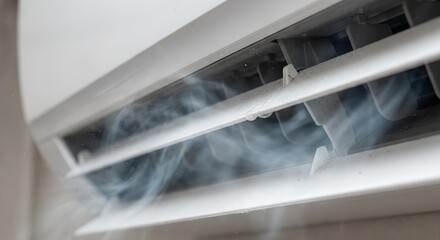 Close up of dirty air conditioner vent with visible dust and frost blowing cold air for home air quality and maintenance concept