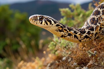 Fototapeta premium Majestic Pacific Gopher Snake Ready to Strike in Beautiful Monterey Hills of California