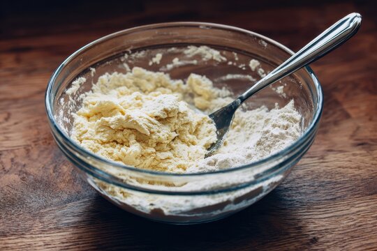 Large Glass Bowl Holding Residual Batter with Two Cooking Spoons