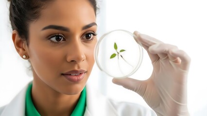 Scientist examines a small plant seedling in a petri dish in a laboratory setting
