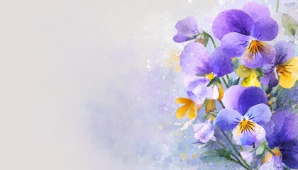 Watercolor painting depicts a vibrant cluster of purple and yellow blossoms on the right side against a pale backdrop