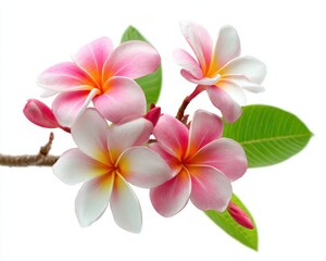 Isolated Frangipani Blooms: Beautiful Pink Tropical Flowers on Crisp White Canvas