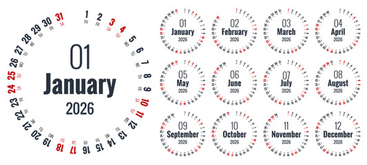 Calendar planner for 2026. 2026 calendar design, set of 12 months. Elegant yearly planner layout for business, corporate documents, reports and modern scheduling systems.