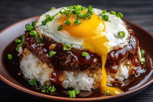 Homemade Hawaiian Loco Moco: A Hearty American Dish with Savory Beef, Egg, and Brown Gravy on a Rustic Background