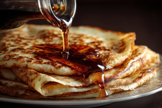 Delicious Pannenkoeken Stacked High with Drizzled Syrup and Molasses, Perfectly Rolled and Ready to Enjoy