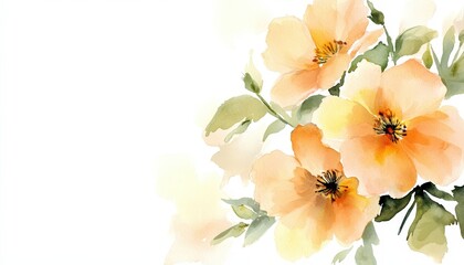 Delicate watercolor painting depicts soft peach blossoms clustered together on the right side of a white background