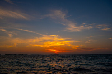 Obraz premium Beautiful sunset. Tranquil closeup calm sea water waves with palm trees. Tropical island beach landscape exotic shore coast. Summer vacation, holiday amazing nature, Maldives.