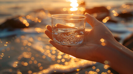 hand holding a glass of water and champagne on a table with drinks and decorations