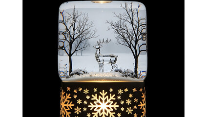 A charming illuminated winter snow globe featuring a deer and trees on a snowy landscape