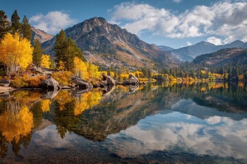 Fototapeta premium Autumn Serenity: Vibrant Aspens and Majestic Mountains Reflecting in June Lake, California