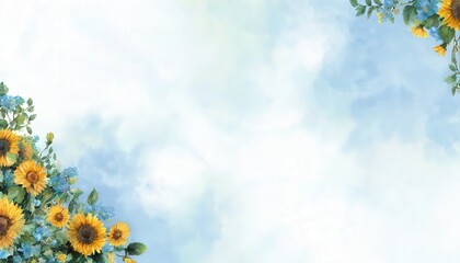 Watercolor style floral border design featuring bright sunflowers and small blue blossoms against a soft sky background