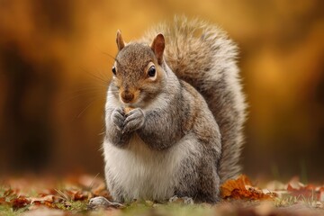 Obraz premium Ravenous Adult Western Grey Squirrel foraging on the ground amidst Autumn Leaves in Issaquah, Washington State