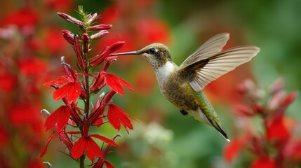Fototapeta premium Ruby-throated Hummingbird in Flight, Sipping Nectar from Vibrant Lobelia Cardinalis Blossoms in a Bokeh-Filled Backyard