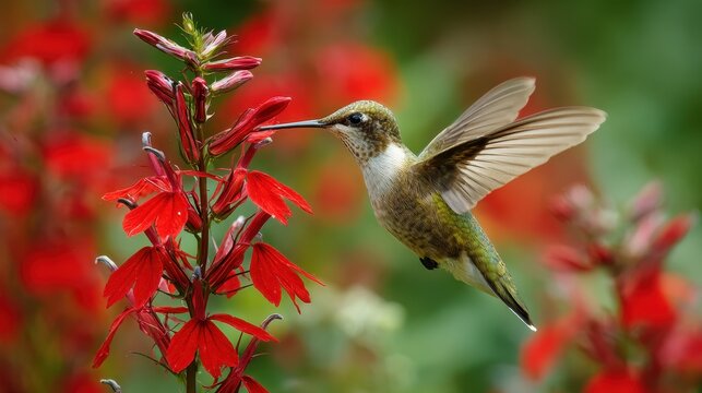 Ruby-throated Hummingbird in Flight, Sipping Nectar from Vibrant Lobelia Cardinalis Blossoms in a Bokeh-Filled Backyard