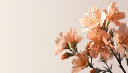 Delicate pale peach blossoms softly illuminate a muted background space on the right side