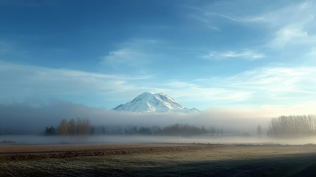 Misty Landscape: Foggy Field Evoking the Grandeur of Mount Ranier Under a Striking Sky